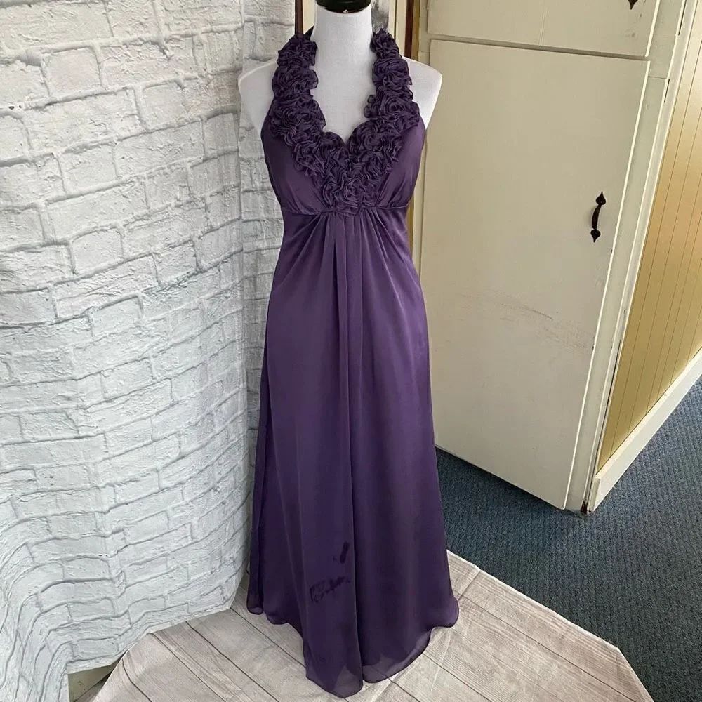 Bari Jay women 8 raised flower halter top empire waist floor length dress purple